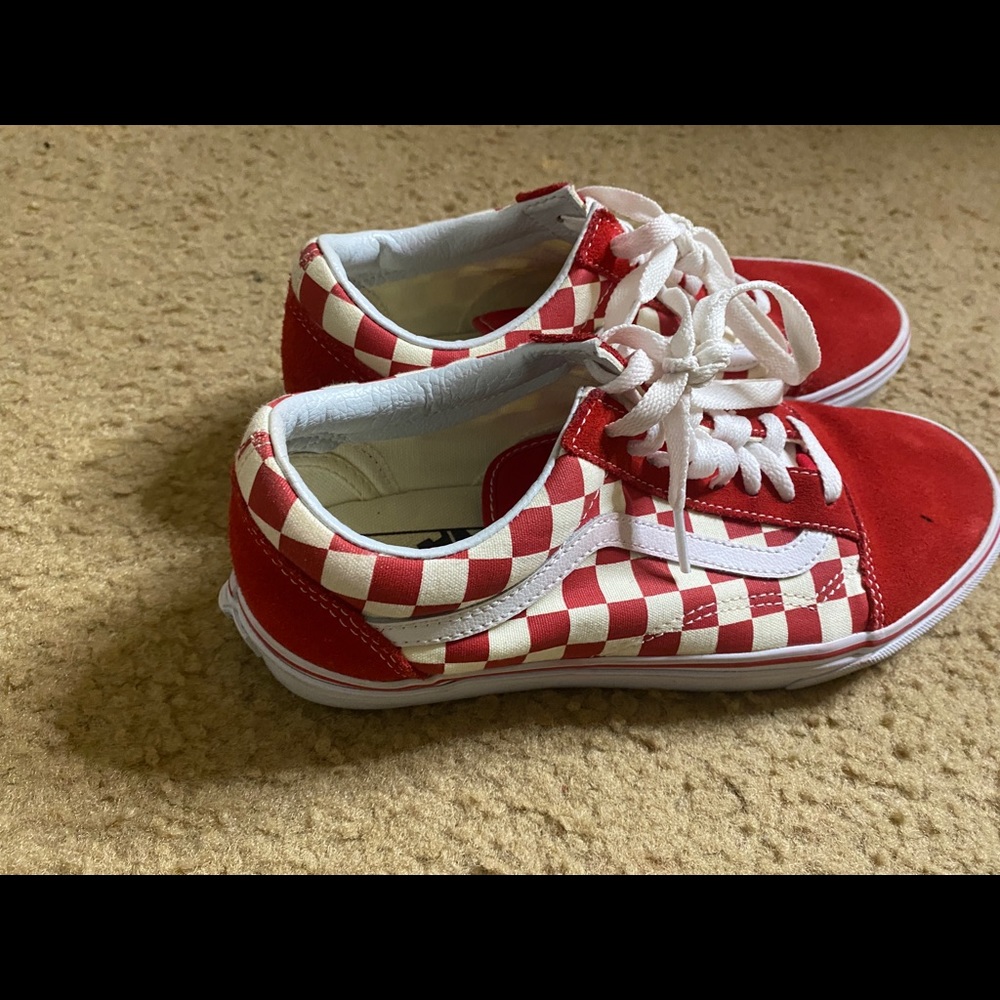 Red checkered board vans